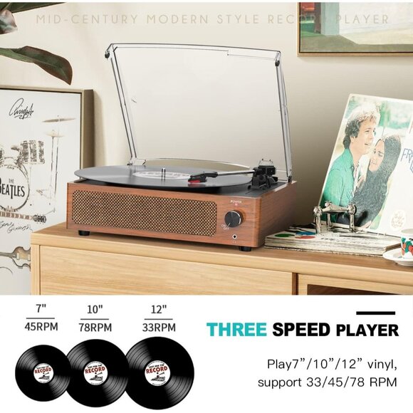 Vinyl Record Player With Speakers Vintage Turntable 3-speed Bluetooth Headphone - Picture 3 of 8